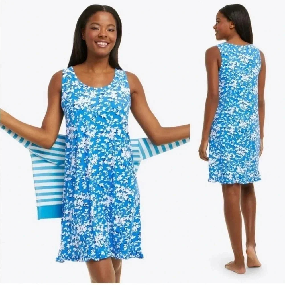 Draper James Women's Ruffle Nightie in Blue Shadow Floral- Size S/M